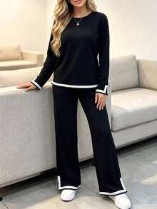 Women's Casual Black 2 Pieces Set, Round Neck Top With Side Stripe Detail, Medium Stretch - Black - View 4