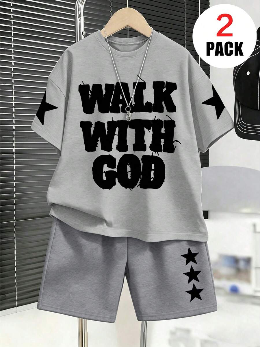 2件組青少年男孩套裝,寬鬆版印有「Walk With God」與五角星圖案上衣 + 運動短褲,柔軟舒適,適合夏季與運動,返校穿搭 - 灰色 - 查看 1