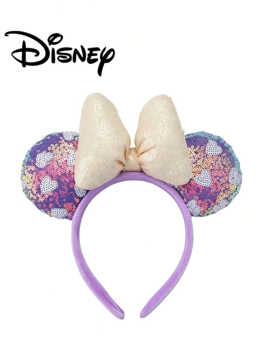 1pc Disney Cartoon Sequin Taro Purple Heart Sequin Bow Amusement Park Theme Series Headband Mickey Minnie Ears Sequin Bow Hair Accessory Stage Performance Costume Hair Accessory, Holiday Headband Birthday Party Theme Minnie Hair Accessory Headband, Suitable For Holiday Party - Purple + White - View 1
