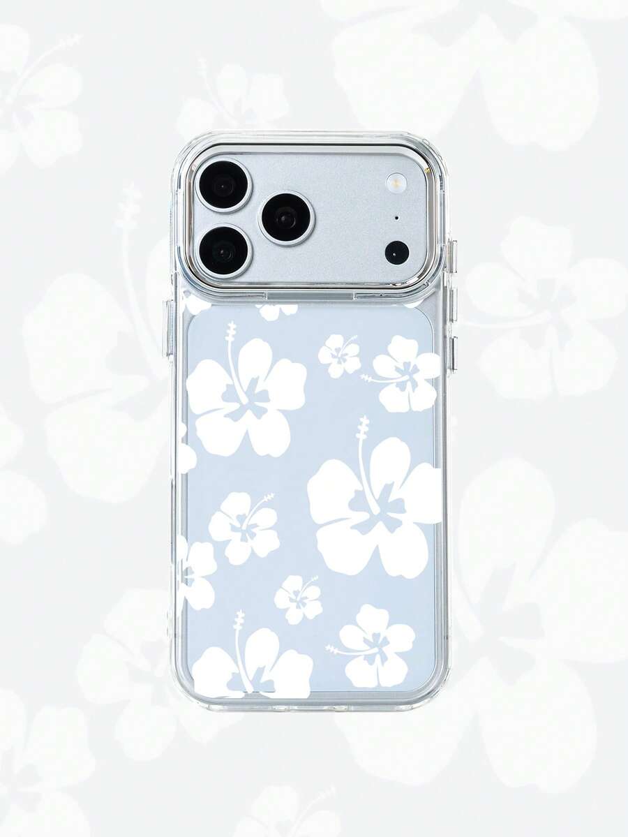 1pc Metal Transparent White Floral Pattern Phone Case, Personalized Protective Shell Compatible With IPhone 16 Pro Max/17/16/15/14/13/12/11/Air - Multicolor - View 1