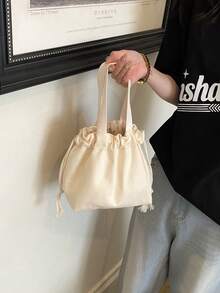 Rice Apricot Plain Drawstring Tote Bag With Wide Woven Handles, Customizable Print Blank Basic Style For Daily Commute And Miscellaneous Storage Small Tote - Beige - View 2