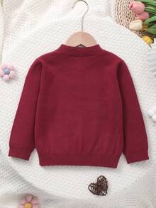 女童針織圓領手工刺繡花卉圖案開襟衫 - 酒紅色 - 查看 7