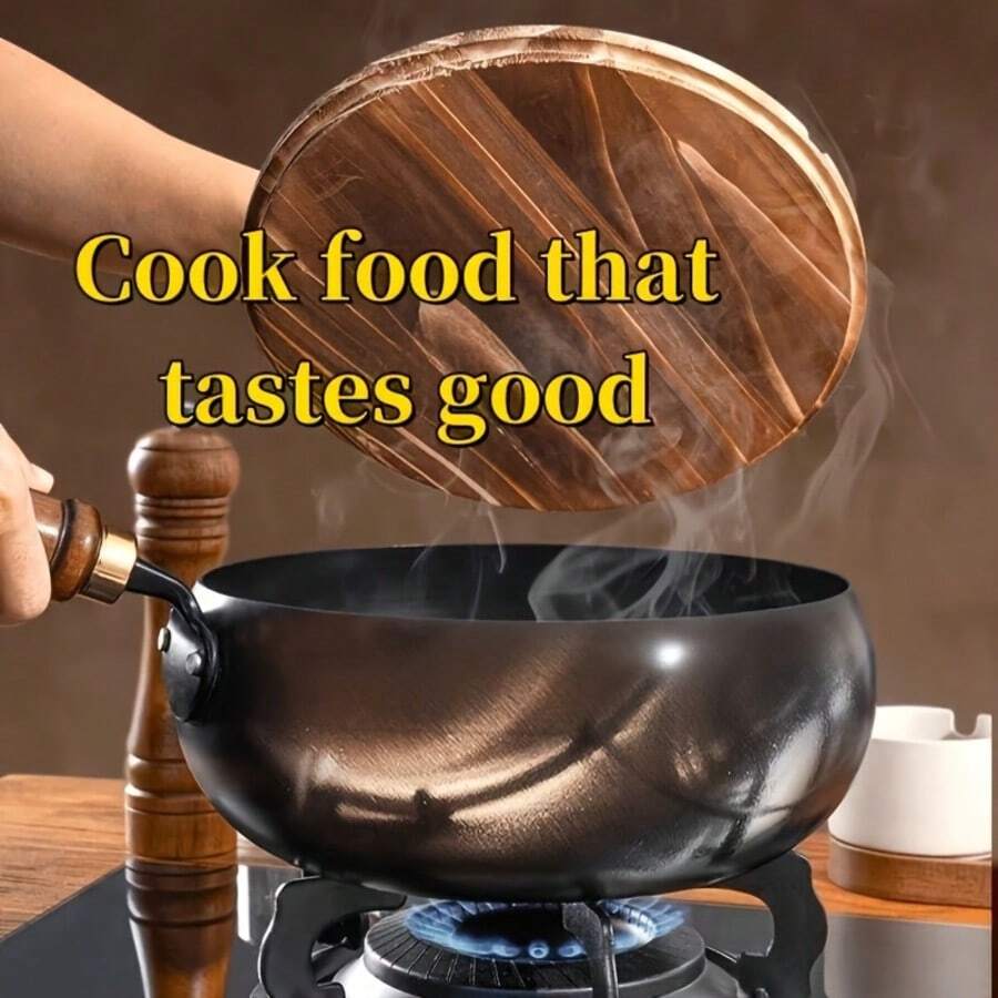1pc Thick Iron Pot, Deep And High Rim Design, Easy To Clean, Wear-Resistant And Scratch-Resistant, Rust-Proof, Solid Wood Extended Heat-Insulated Handle, Can Be Hung For Storage, Saves Cabinet Space, Cooking Process Visible, Suitable For Single And Double Meals, Can Be Used For Frying, Stir-Frying, Cooking, Boiling, Stewing, Braising, Back To School Gift, Suitable For Back To School Season