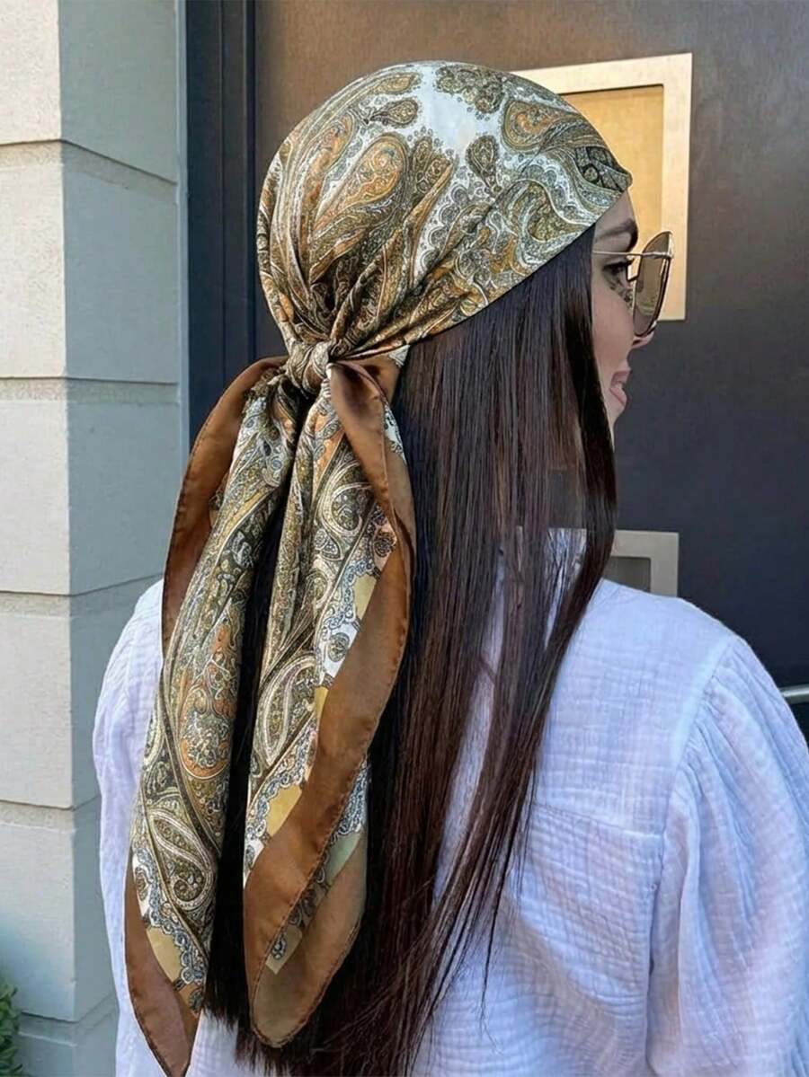 1件極簡印花緞面方巾，春季新款女式頭巾，可用作腰帶、包飾、緞帶、髮帶或圍巾，萬聖節裝飾