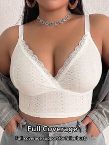 1pc Casual Comfortable Minimalist Plus Size Women's Bra With Lace Patchwork, Wireless Soft Comfortable Lingerie - White - View 4