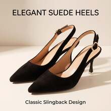 Women's Black Suede Pointed Toe Stiletto Heel Slingback Pumps With Metal Buckle, Elegant High Heels Suitable For Daily, Office, Party, Closed Toe Backless Sandals - Black - View 1