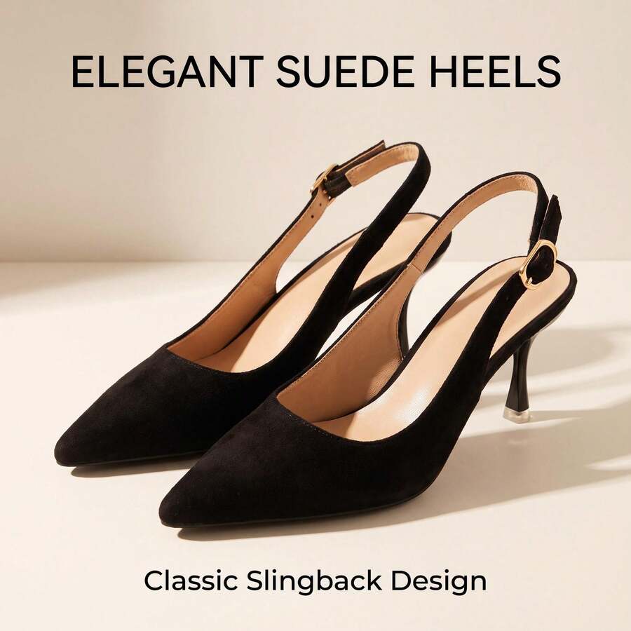 Women's Black Suede Pointed Toe Stiletto Heel Slingback Pumps With Metal Buckle, Elegant High Heels Suitable For Daily, Office, Party, Closed Toe Backless Sandals - Black - View 1