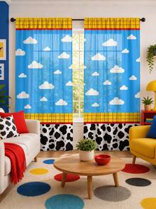 2pcs Color Block Cow & Cloud Rod Pocket Curtains, Polyester Fabric, American Style Patchwork Print, Fashion Living Room Bedroom Home Fabric Curtains - Multicolor - View 5