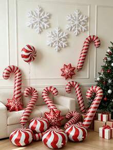 17pcs/Set Balon Permen Tongkat Natal Merah, Kepingan Salju, dan Bola Dekorasi Natal Balon Natal Perlengkapan Foto Liburan - Natal - View 4