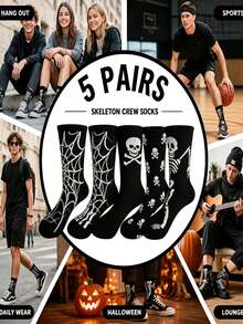 1/5 Pairs Unisex Skull And Spider Pattern Mid-Calf Socks, Comfortable Creative Casual Socks, Suitable For Daily Wear, Halloween, Party, Autumn - Black and White - View 4