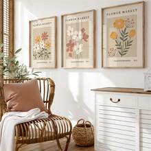 3er/Set Blumen- und Pflanzen-Leinwandkunst-Set, Blumenmarkt-Ausstellungsplakate, beige abstrakte Blumen-Kunst-Drucke, Pflanzen- und Blumen-Drucke für Zuhause, Büro, Wohnzimmer und Schlafzimmer Dekoration, rahmenlos - A - Übersicht 2