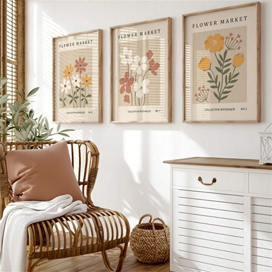 3er/Set Blumen- und Pflanzen-Leinwandkunst-Set, Blumenmarkt-Ausstellungsplakate, beige abstrakte Blumen-Kunst-Drucke, Pflanzen- und Blumen-Drucke für Zuhause, Büro, Wohnzimmer und Schlafzimmer Dekoration, rahmenlos