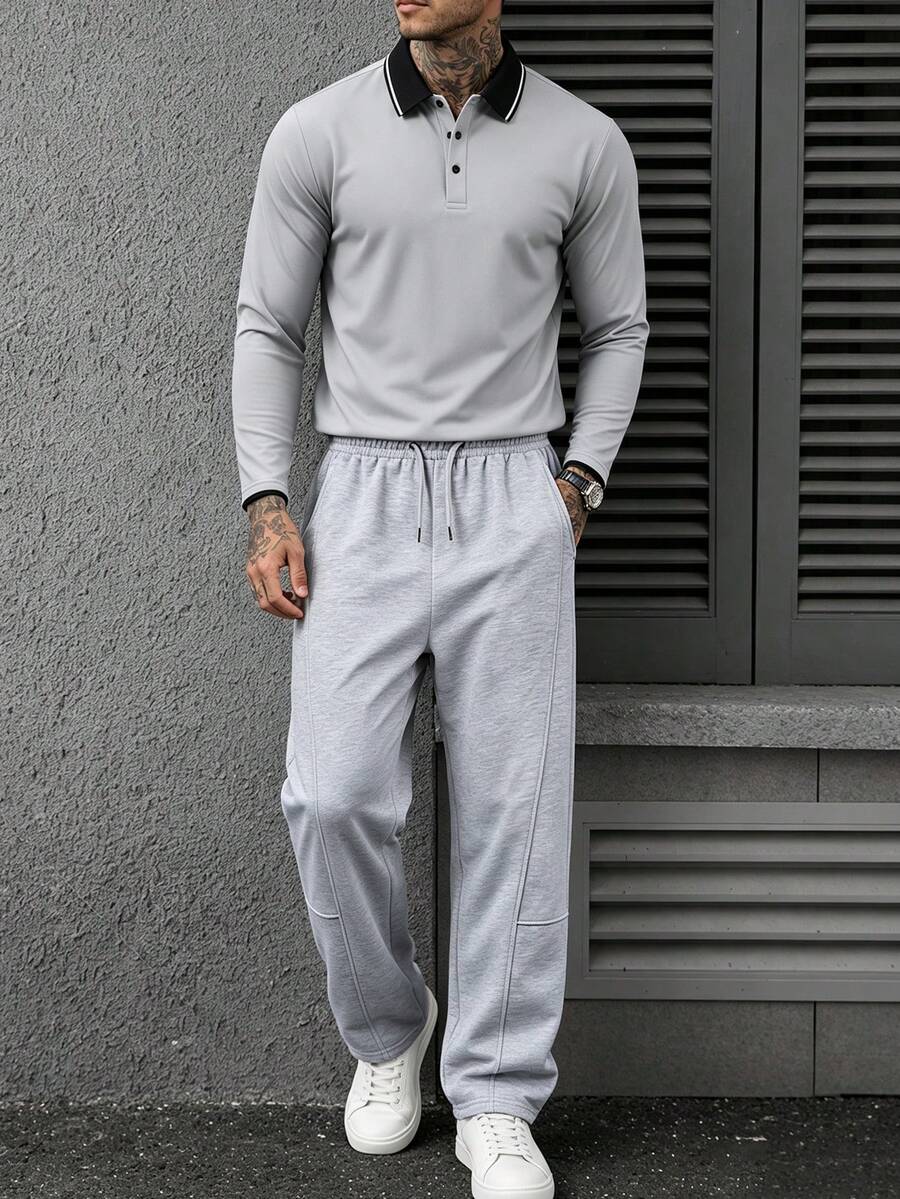2pcs Core Style Men's Long Sleeve Polo Shirt & Wide Leg Pants Set, Casual Two Pieces Outfit, Suitable For All Seasons, Golf Scenarios, - Light Grey - View 1