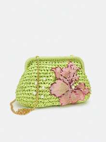 Dedoo 花卉刺繡編織草編手拿包，珍珠裝飾金屬鍊條復古夏季斜挎女款手提包，適合海灘派對與度假 - 綠色 - 查看 5
