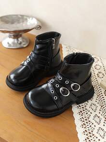 All-Season Kids' Fashion Boots, Buckle Functional Style Boots, Street Punk Motorcycle Style, Anti-Slip And Wear-Resistant, Suitable For 5-12 Years Old - Black - View 1