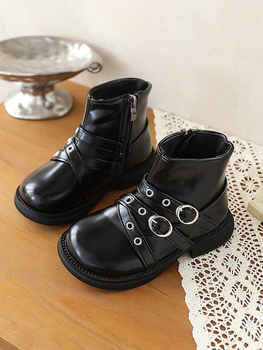 All-Season Kids' Fashion Boots, Buckle Functional Style Boots, Street Punk Motorcycle Style, Anti-Slip And Wear-Resistant, Suitable For 5-12 Years Old - Black - View 1