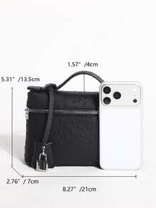 Premium Women's Black PU Embossed Polka Dot Small Handbag, Versatile Crossbody Bag, Fashionable Minimalist Elegant Metal Lock Decor, Commute & Shopping Bag - Black - View 3
