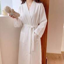 Women's Summer Morning Robe, 100% Pure Cotton, Casual Loungewear, Loose And Comfortable, With Pockets And Waist Tie, Comfortable Set, Suitable For Summer, Autumn And Winter - White - View 7