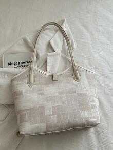 新款復古時尚托特包，金屬腰帶扣，拉鍊開口，輕量極簡，柔軟包身，紋理肩背包。適合女性日常生活、休閒、通勤、工作、度假及學生使用 - 米色 - 查看 5
