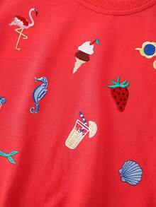 Girls Round Neck Long Sleeve Sweatshirt With Small Flutter Sleeves, Ruffle Hem, Mermaid, Flamingo, Ice Cream Multi-Element Embroidery, Loose Sweet Casual Pullover Sweatshirt For Toddlers And Young Children - Red - View 5