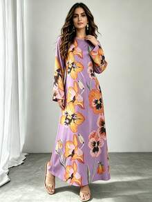 1 buah Gaun Wanita, Motif Geometris Berwarna-warni, Leher Bulat, Lengan Mengembang, Lengan Panjang, Abaya Longgar untuk Musim Gugur - Violet Purple - View 6