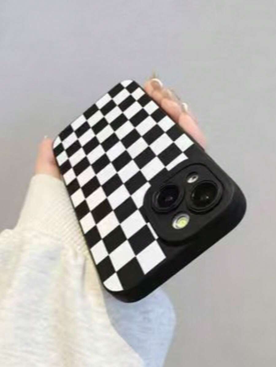 Checkerboard Phone Case, Checkerboard Phone Case, 360 Degree Protection, Lens Protection Matte TPU Frosted Phone Case Compatible With IPhone&Galaxy, IPhone16 - Black and White - View 1