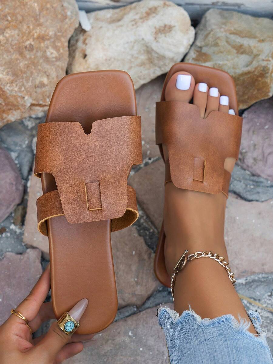 Women's Fashion PU Leather Hollow Out Cutout Slip-On Square Toe Beach ...