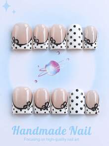 10PCS-Handmade Press On Nails, Square Shape, Fake Nails, Fall Nails,Y2K Style, Sturdy, Reusable, White, Paired With French Style, 3D Design, Suitable For Autumn,Winter,Daily Wear, Parties, Vacations, And Also The Best Holiday Gift For Women. - White - View 1