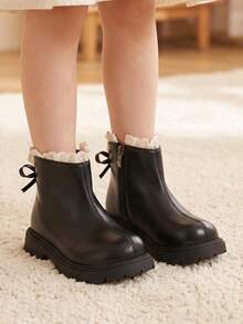 1 Pair 2026 New Girls' Lace Trim Ankle Boots, Soft Leather Thick Sole Anti-Slip Boot Design, Sweet Princess Gentle Style, Suitable For Autumn/Winter Daily Wear And Matching With Dresses - Black - View 3