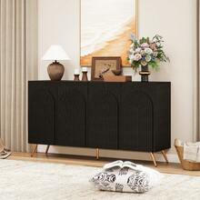 Mid-Century Modern Sideboard, Walnut-Look Entryway Cabinet, 3D Fluted Details And Arched Doors, Engineered Wood, Adjustable Shelves, Gold Metal Legs - Black + Particle Board - View 5
