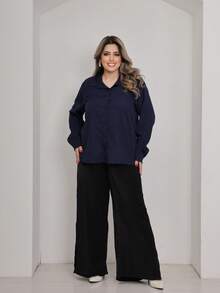 Women's Plus Size Long Sleeve Solid Color Dress Shirt - Navy Blue - View 4