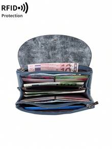 FOREVER MIYIN Vintage Dual-Tone Textured Long Wallet For Women, Large Capacity With Multiple Card Slots, Coin Purse, Cash Organizer, Phone Bag, Change Pouch, Fashionable For Daily Use And Business Commute, Gift For Mother - Blue - View 7