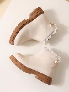 1 Pair 2026 New Girls' Lace Trim Ankle Boots, Soft Leather Thick Sole Non-Slip Boot Design, Sweet Princess Gentle Style, Suitable For Autumn/Winter Daily Outings And Dress Matching - Beige - View 7