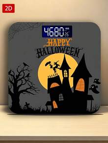 1pc 2D Flat Grey Halloween Digital Bathroom Scale, Haunted House Witch Silhouette Full Moon Ghost Bat Spider Web Tombstone Tree Print, Max Capacity 400lbs/180kg, Tempered Glass Surface, Uses AAA Batteries (Not Included) - View 8
