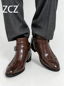 ZCZ Men's Chelsea Boots High-Top Leather Shoes Pointed Toe Fashion Leather Boots Thick Sole Chain Buckle Boots Chelsea Boots - Brown - View 2