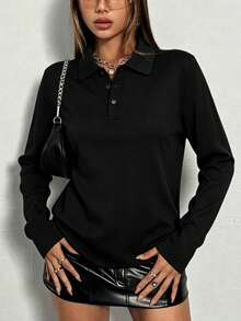 女款長袖 Polo 衫，休閒運動上衣，純色輕量 T-shirt，適合秋季戶外日常休閒穿著，黑色 - 黑色 - 查看 1