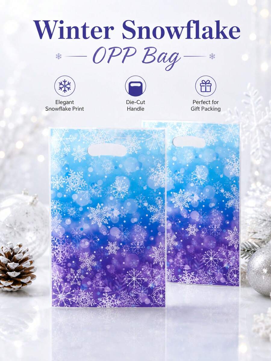 10/12/20/30 Peças Sacos de Presente OPP com Flocos de Neve de Inverno, Sacos de Celofane com Impressão de Flocos de Neve em Degradê Azul-Roxo, Sacos Transparentes para Embalagem de Doces, Biscoitos e Assados de Feriados, Suprimentos de Embrulho de Presentes de Inverno para Festa de Natal, Sacos Reutilizáveis - Sacola de compras OPP - Visão 1