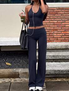 Women's Elegant Street Vacation Minimalist Yoga Sports Basic Tight Cleangirl Set Summer - Blue - View 9