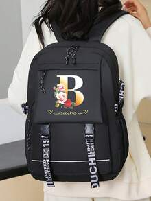 花卉字母A客製化姓名背包 玫瑰印花 多口袋 側邊網狀水壺袋 印花緞帶 緩衝肩帶 防水 女孩學生背包 - 黑色 - 查看 6