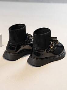 1 Pasang Sepatu Bot Sehari-hari Gaya Inggris untuk Anak Perempuan, Sol Lembut Anti Selip, Sepatu Bot Model Princess Serbaguna dengan Motif Rajutan Patchwork - Hitam - View 7