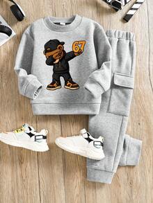 Young Boy Letter Print Crew Neck Sweatshirt And Sweatpants Casual Set - Grey - View 1