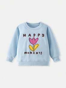 Girls Round Neck Long Sleeve Sweatshirt Hand-Painted Tulip HAPPY MOMENTS Letter Print Loose Casual Pullover Sweatshirt For Toddlers And Young Children - Baby Blue - View 2