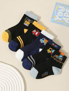 5 Pairs Boys' Cartoon Excavator & Car Printed Breathable Mesh Short Socks, Soft & Comfortable, Suitable For School And Daily Wear, Spring/Summer & All Season - Multicolor - View 8