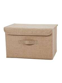 1pc Washable Linen Foldable CD Storage Box, Foldable Storage Bin, Toy Organizer Basket With Lid, Laundry Basket - Camel - View 1