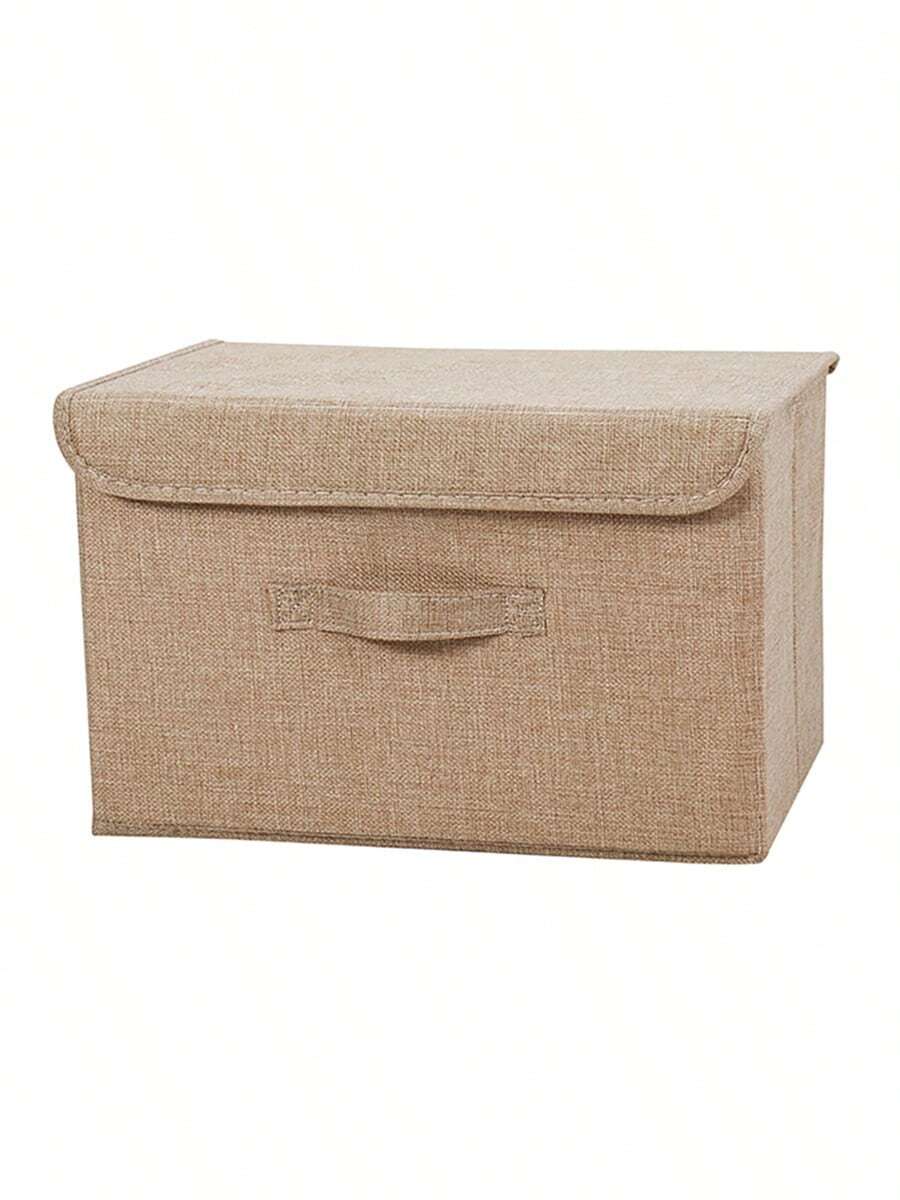 1pc Washable Linen Foldable CD Storage Box, Foldable Storage Bin, Toy Organizer Basket With Lid, Laundry Basket - Camel - View 1