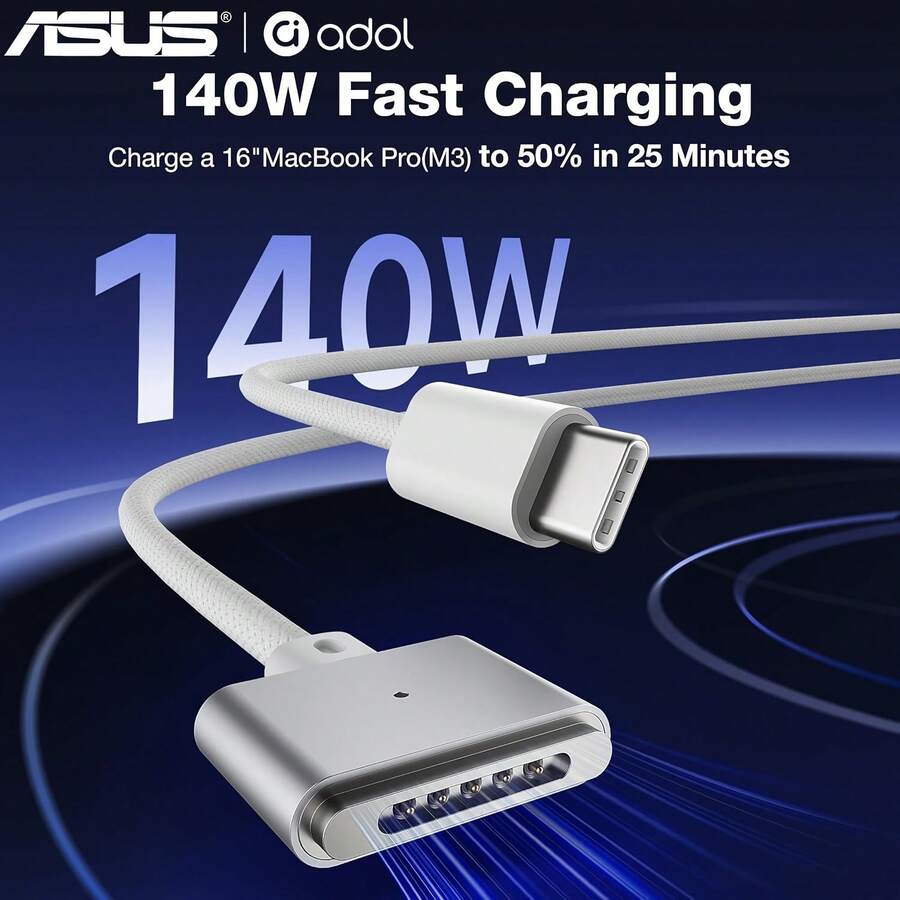 Kabel Pengisian Daya ASUS 140W PD3.1 USB-C ke Magnetik 3 Jalinan, Kabel Laptop Magnetik dengan Lampu Indikator 6,6 Kaki untuk MacBook Pro Air M2 M3 M4 M5, 14 Inci 16 Inci 13 Inci 15 Inci Versi 2022-2026