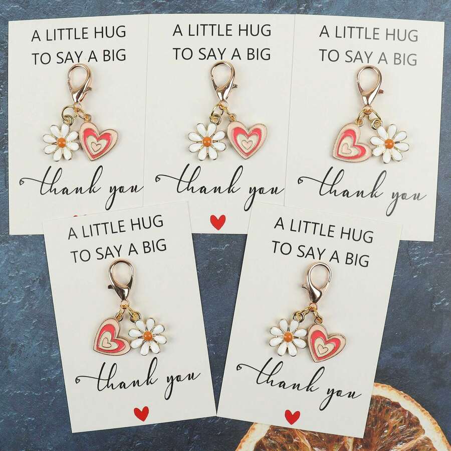 5pcs/10pcs Daisy & Layered Heart Dual Enamel Charm Keychain, A Little Hug Thank You Pocket Hug Floral Gratitude Gift - Multicolor - View 1