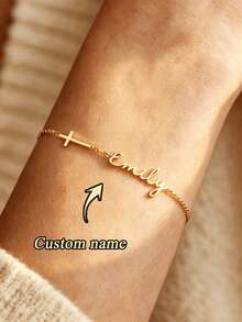 1pc Personalized Name Cross Bracelet With Birthstone, Delicate Gold Cross Bracelet, Mother's Day Gift, Customized Name Bracelet, Easter Gift, Personalized Gift, Customized Gift, Gift For Loved Ones, Gift For Partners, Personalized Birthday Flower, Anniversary Gift - Multicolor - View 2