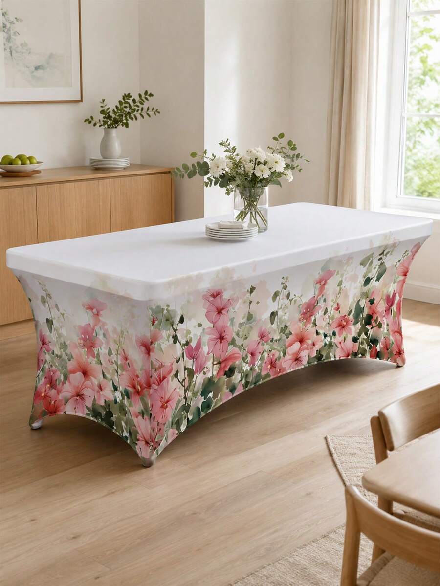 1 Piece Of Pink Watercolor Flower Print Elastic Table Skirt, Fresh And Simple Style Spandex Rectangular Tablecloth, Kitchen Accessories, Living Room Decoration, Outdoor Garden Decoration, Suitable For Weddings, Bridal Showers, And Daily Dining Scenes - Multicolor - View 1