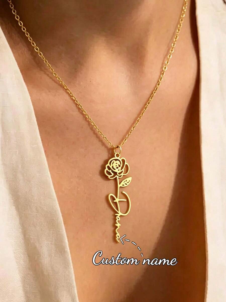 Women's Customized Birthday Month Flower Name Necklace, Stainless Steel Jewelry, Personalized Vertical Pendant Necklace, Birthday Gift - Gold - View 1